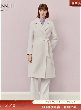 LK BENNETT白色羊毛大衣女2025年冬新款中长款时尚纯色系带外套