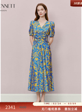 LK BENNETT蓝色印花连衣裙2025年夏新款V领收腰法式复古优雅