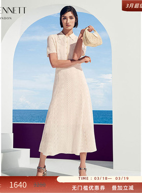 LK BENNETT米色镂空连衣裙2025年春夏新款polo领精致珠扣长裙