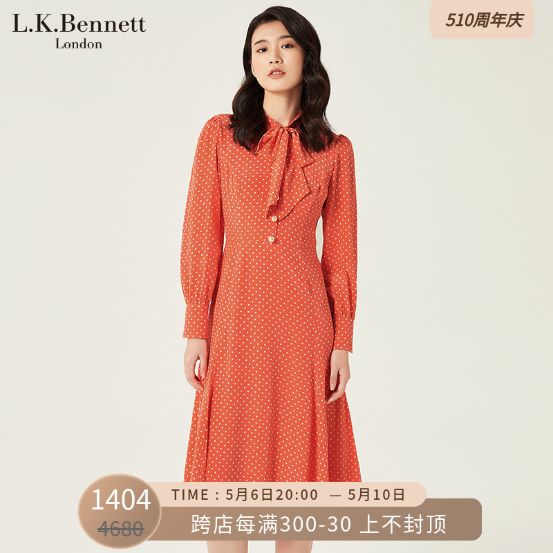 lkbennett橘红色真丝连衣裙女春长袖蝴蝶结法式波点长裙桑蚕丝