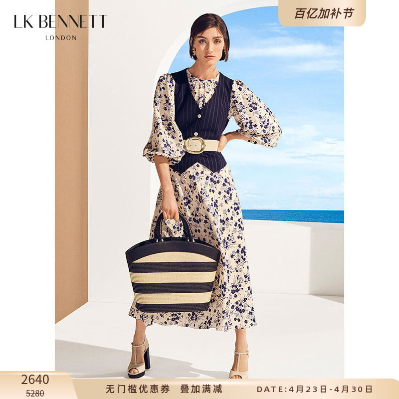 LK BENNETT米色素雅印花连衣裙春新款圆领灯笼袖收腰长款