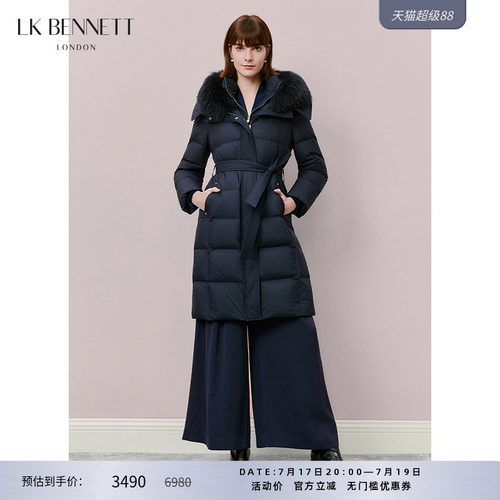 LK BENNETT深蓝羽绒服冬新款加厚保暖大毛领连帽修身显瘦