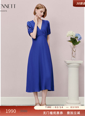 LK BENNETT克莱因蓝色V领连衣裙2025年夏新款气质泡泡袖收腰长裙