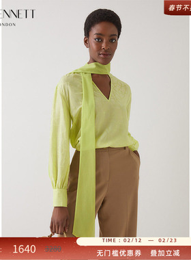 LK BENNETT2025秋冬新款绿色飘带蝴蝶结V领抽褶高级设计感上衣