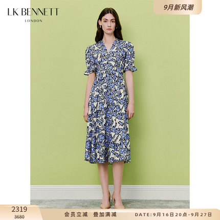 LK BENNETT蓝色连衣裙2026夏季新款法式复古印花v领收腰泡泡袖