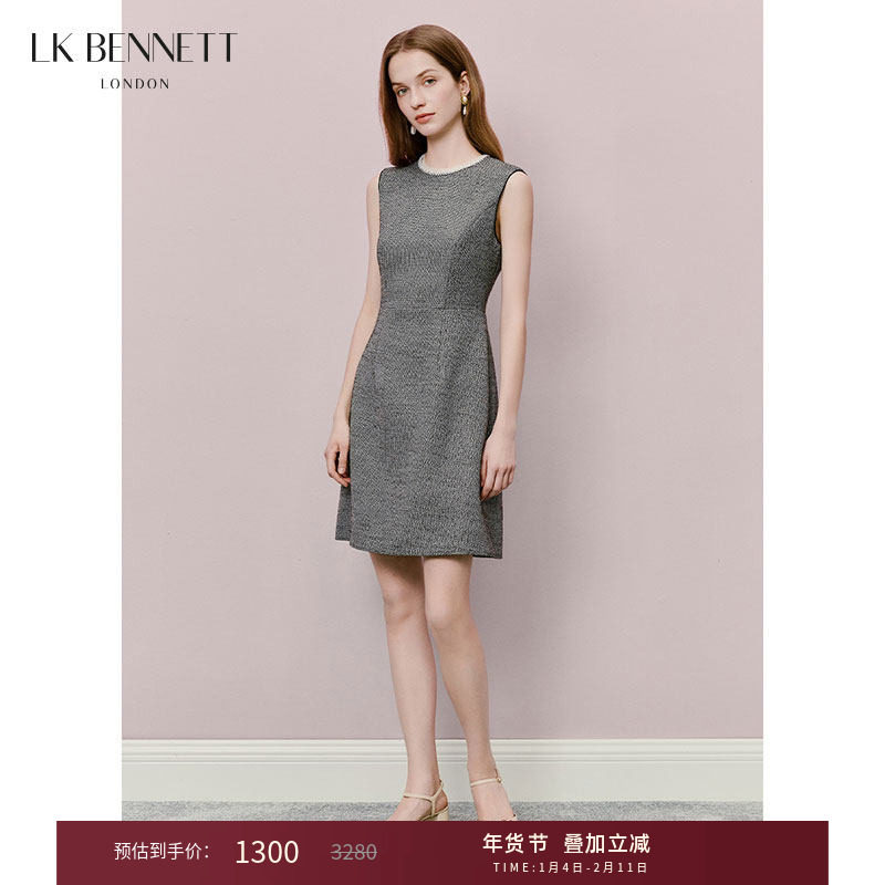 LK BENNETT黑灰色连衣裙冬新款复古优雅圆领肌理感收腰短款