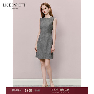 LK BENNETT黑灰色连衣裙冬新款复古优雅圆领肌理感收腰短款
