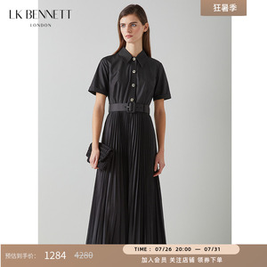 LK BENNETT黑色连衣裙春夏新款腰带高级感短袖茶歇法式百褶裙