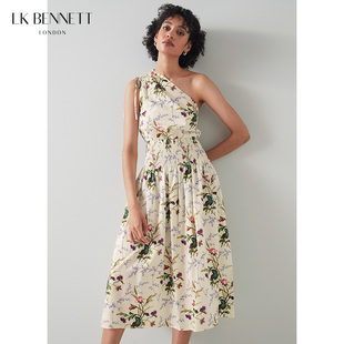 印花裙长款 无袖 法式 lkbennett度假风斜肩连衣裙女夏2023年新款