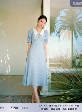 LK BENNETT蓝色连衣裙女夏季法式气质千鸟格娃娃领收腰短袖长裙
