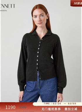 LK BENNETT黑色针织开衫2025冬新款女羊毛高领灯笼袖显瘦百搭外套