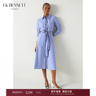 休闲款 lkbennett蓝色连衣裙秋新款 腰带法式 裙长袖 条纹衬衫