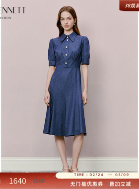 LK BENNETT蓝色翻领连衣裙女2025年夏新款法式收腰泡泡袖中长裙