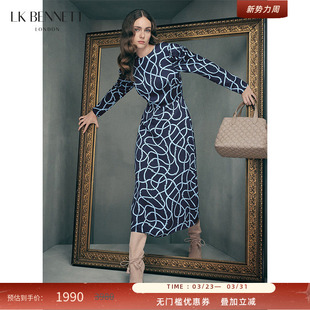 圆领泡泡袖 新款 收腰设计感长裙 BENNETT深蓝连衣裙女秋季