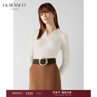 LK BENNETT米色针织上衣2026春新款提花纹理修身显瘦纯色V领套头