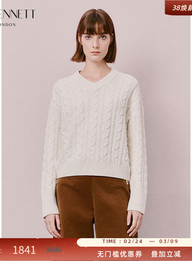 LK BENNETT白色绵羊毛针织衫2025年新款纯色百搭v领麻花套头上衣