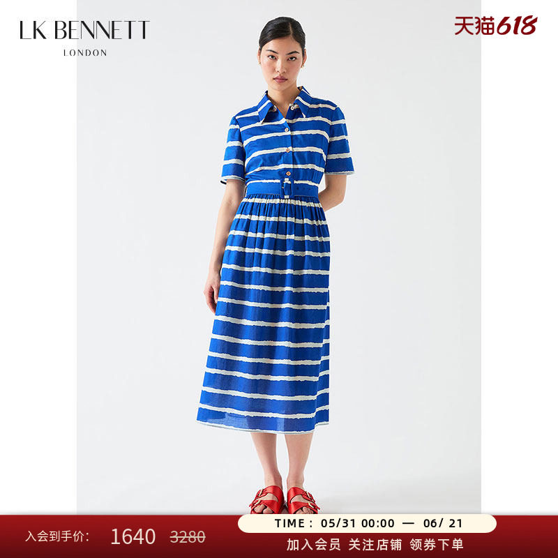 LK BENNETT蓝色纯棉翻领连衣裙夏季新款条纹短袖口袋衬衫裙
