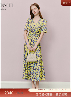 LK BENNETT黄色v领连衣裙女2025新款夏季法式收腰抽褶气质连衣裙