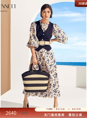 LK BENNETT米色素雅印花连衣裙2025年春新款圆领灯笼袖收腰长款