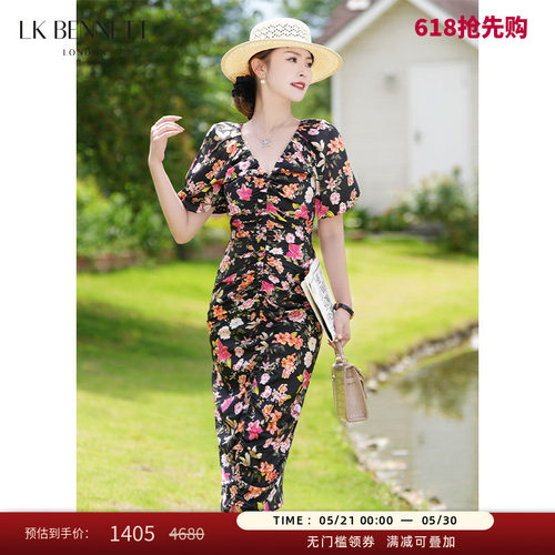 LK BENNETT黑色印花连衣裙夏新款抽褶显瘦优雅