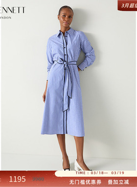 LK BENNETT蓝色连衣裙秋新款条纹衬衫裙长袖腰带法式休闲款