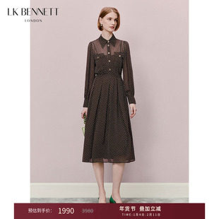 LK BENNETT咖啡色波点连衣裙年冬新款法式复古polo领收腰长裙