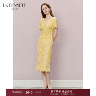 lkbennett黄色连衣裙2025年夏新款 复古蕾丝优雅气质 V领收腰法式