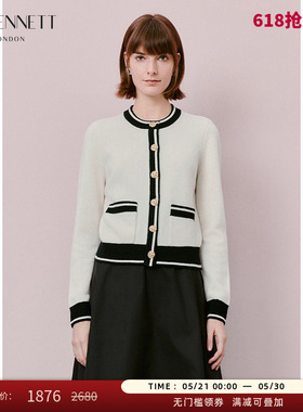 LK BENNETT白色100%绵羊毛针织开衫冬新款小香风圆领撞色通勤