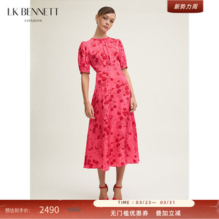泡泡袖 优雅圆领法式 长裙 BENNETT粉色印花连衣裙春夏新款