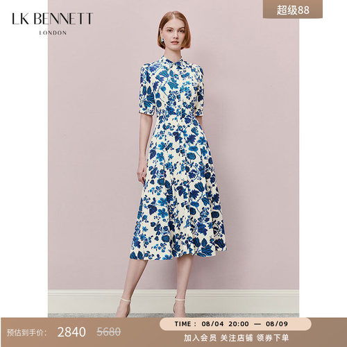 LK BENNETT青花瓷真丝印花连衣裙春夏新款泡泡袖收腰衬衫裙