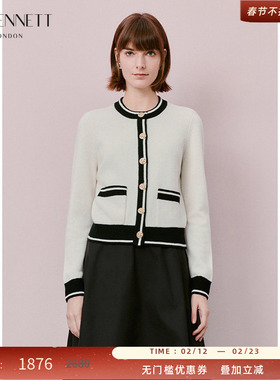 LK BENNETT白色100%绵羊毛针织开衫2025冬新款小香风圆领撞色通勤