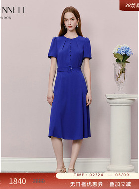 LK BENNETT蓝色连衣裙2025年夏新款圆领腰带短袖通勤简约高级感