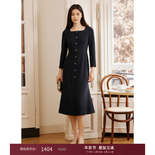 LK BENNETT深蓝方领连衣裙女冬新款优雅气质显瘦收腰长裙