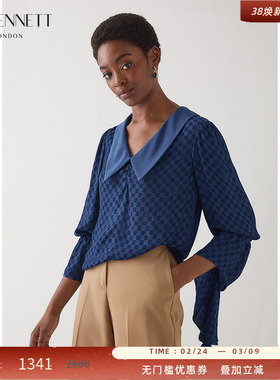 LK BENNETT深蓝色衬衫女2025秋季新款v领格纹不规则袖衬衣通勤气