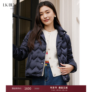 LK BENNETT深蓝色白鹅绒羽绒服冬新款时尚短款翻盖口袋设计