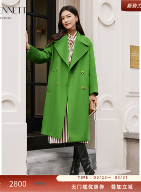 LK BENNETT青葱绿色绵羊毛大衣冬新款翻驳领双排扣落肩袖H型