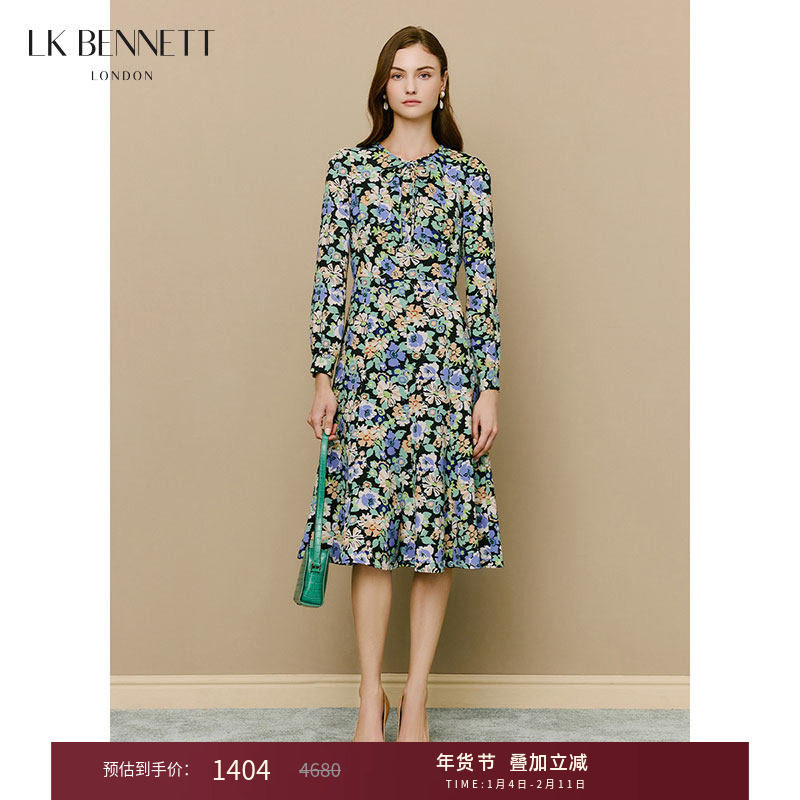 LK BENNETT绿色花卉印花裙冬新款精致珠扣领部蝴蝶结系带