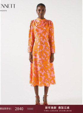 lkbennett橙色连衣裙女2025年秋季新款珠扣抽褶长袖桑蚕丝收腰裙