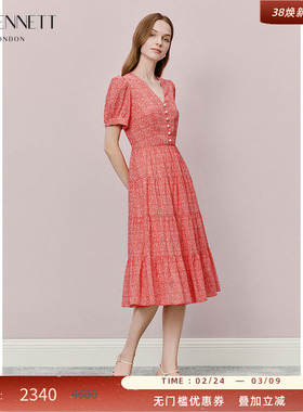 LK BENNETT粉色连衣裙2025年夏新款V领法式复古泡泡袖收腰中长款