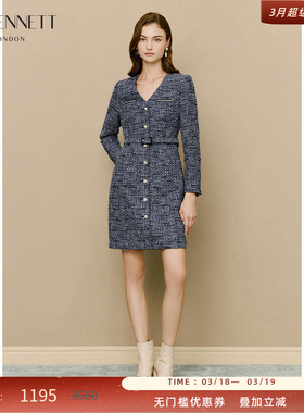 LK BENNETT深蓝色小香风连衣裙秋新款V领腰带设计短款