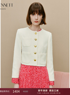 lkbennett奶油白色小香风短外套女春新款圆领法式粗花呢夹克