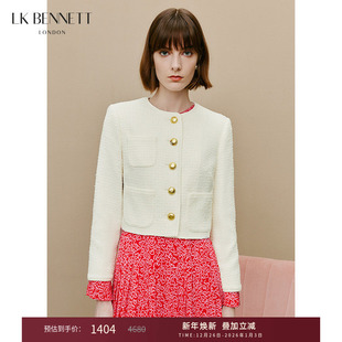 lkbennett奶油白色小香风短外套女春新款 粗花呢夹克 圆领法式