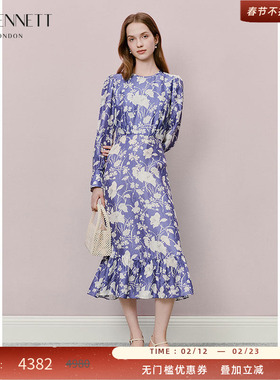 【闫妮同款】LK BENNETT紫色山茶花印花连衣裙新款桑蚕丝高级感