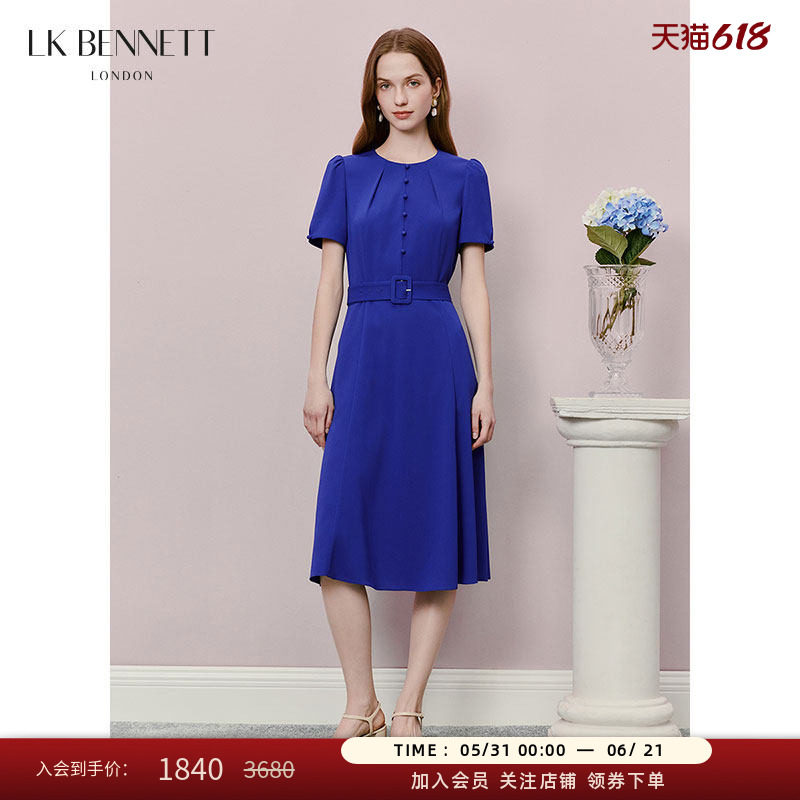 LK BENNETT蓝色连衣裙夏新款圆领腰带短袖高智风钴蓝简约高级感