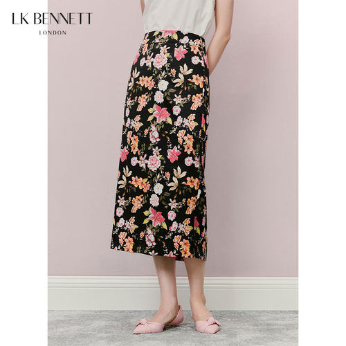 LK BENNETT黑色碎花半身裙女夏夏新款高腰带法式a字修身中长