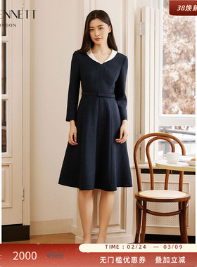 LK BENNETT深蓝v领连衣裙女冬新款气质显瘦高级感翻领中长裙