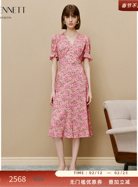 LK BENNETT粉色碎花连衣裙真丝新款法式高级感印花夏季连衣裙