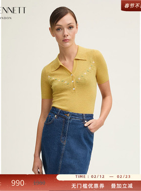 LK BENNETT黄色针织上衣女2025年春新款polo领短款显瘦套头短袖