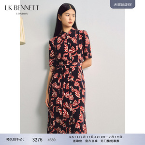 LK BENNETT红色印花真丝连衣裙女夏短袖收腰衬衫裙长裙桑蚕丝气质