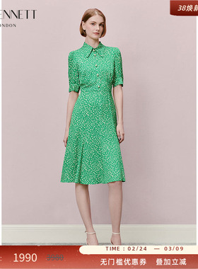 LK BENNETT绿色印花连衣裙2025年春夏新款短袖polo翻领泡泡袖a字